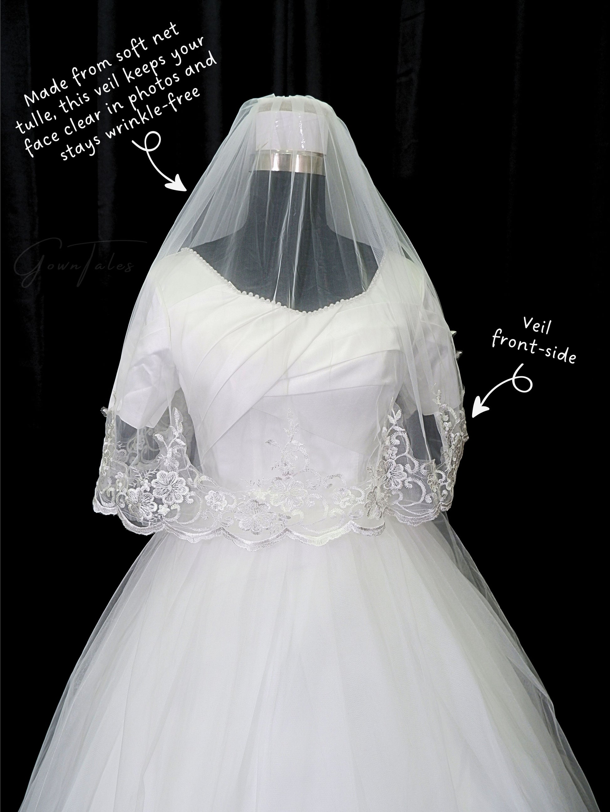 white floor length lace veil front view