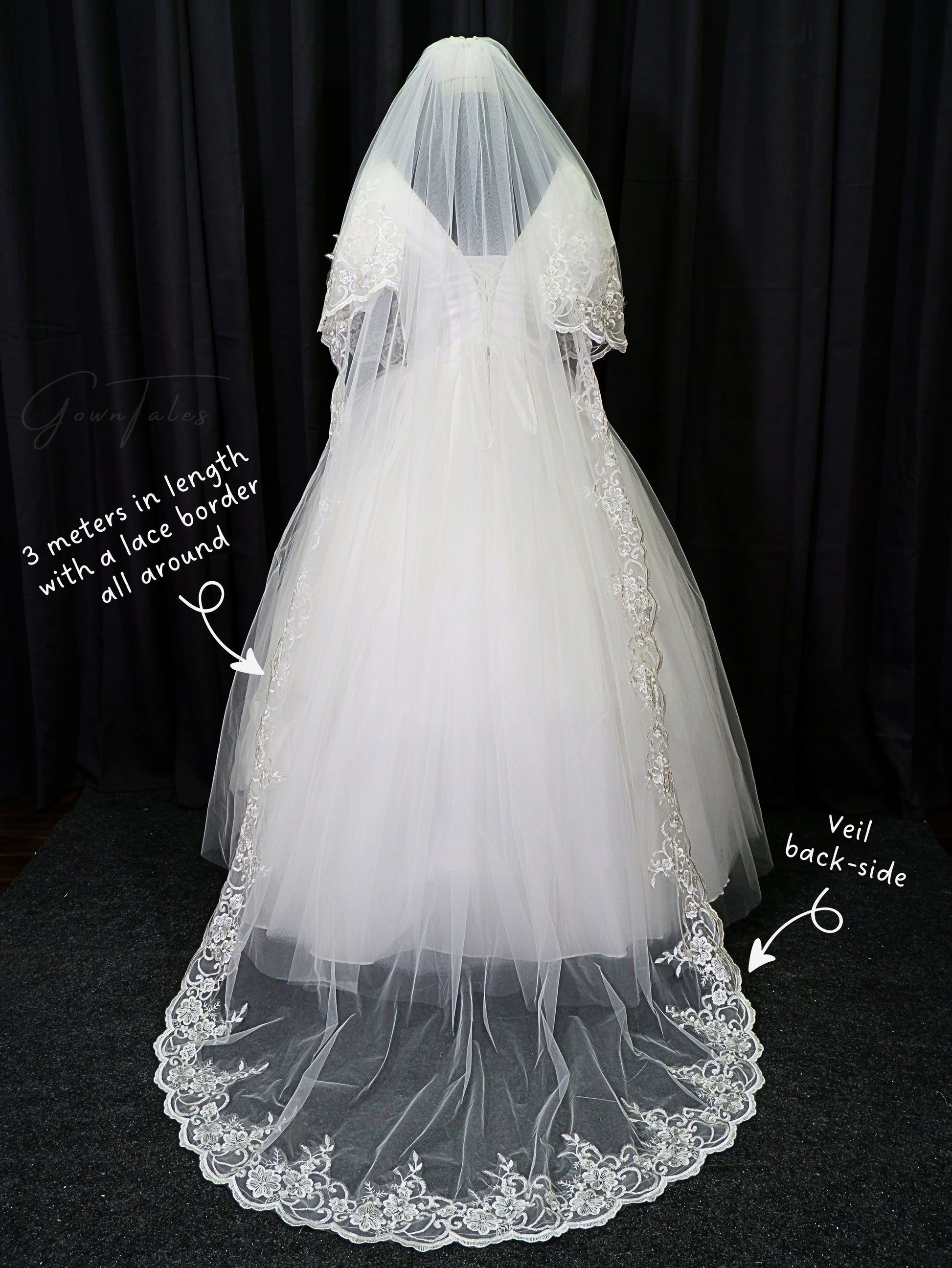 white floor length 3 meters lace veil back full view