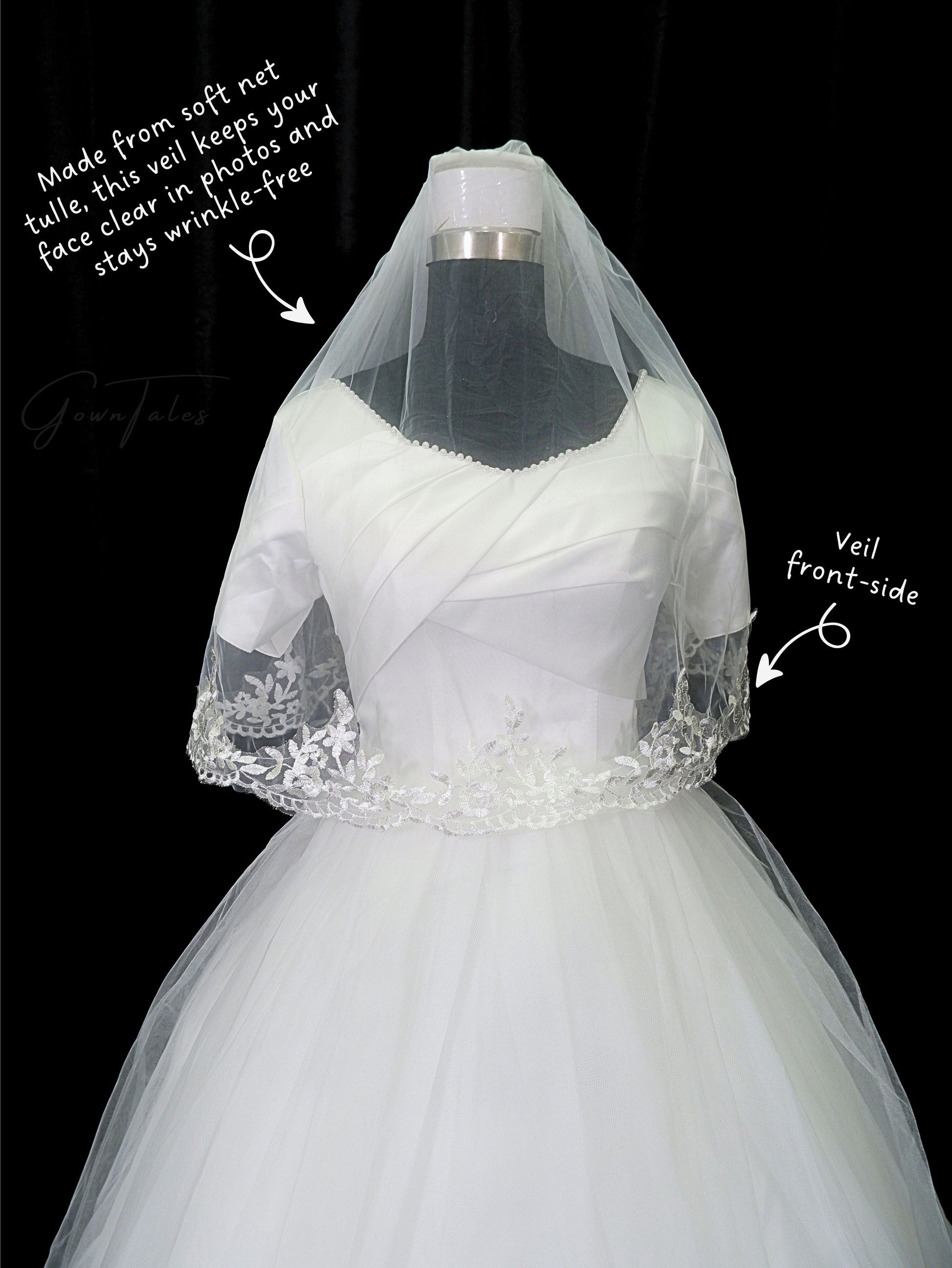 white floor length lace veil front view