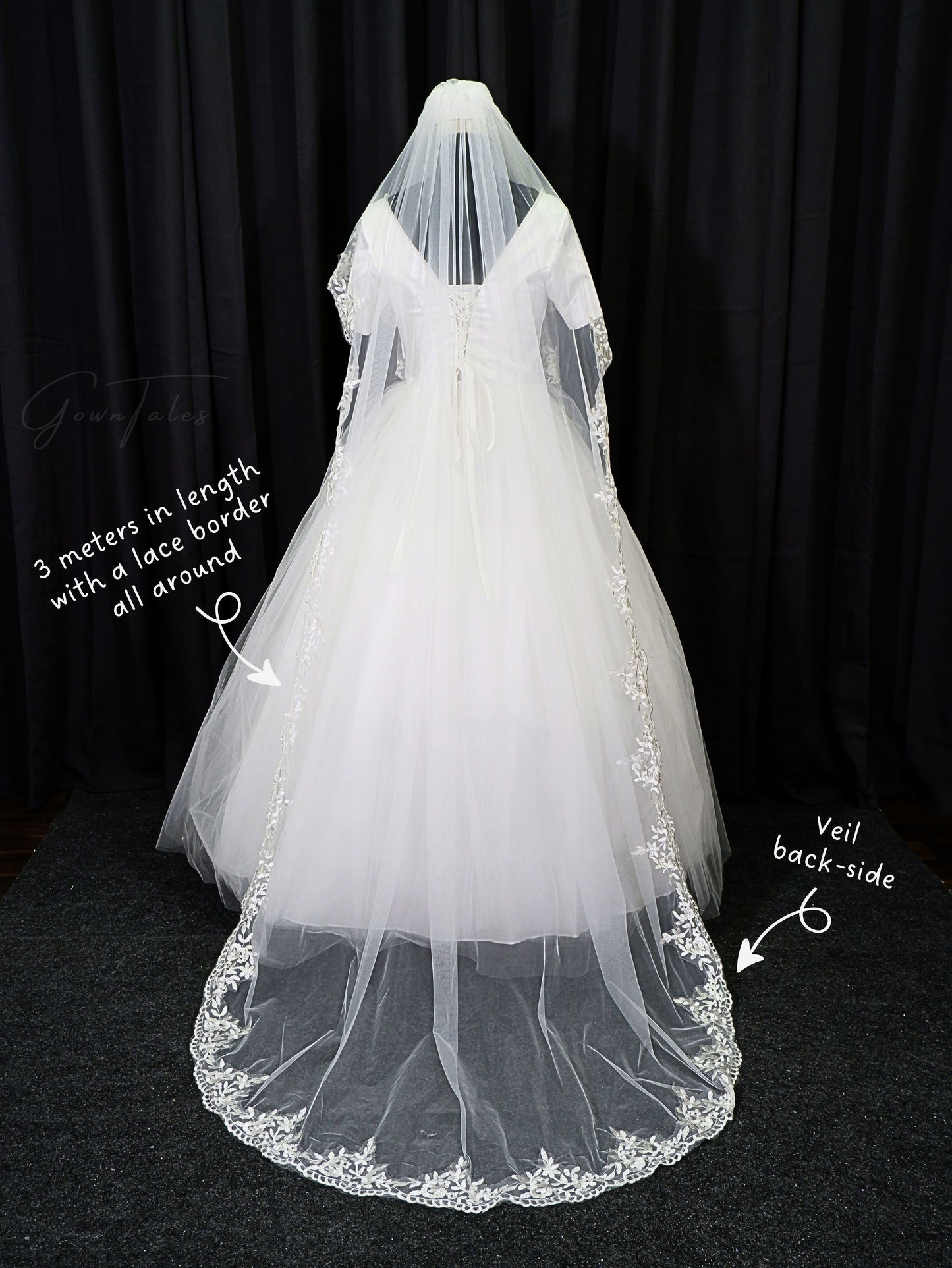 white floor length 3 meters lace veil back full view