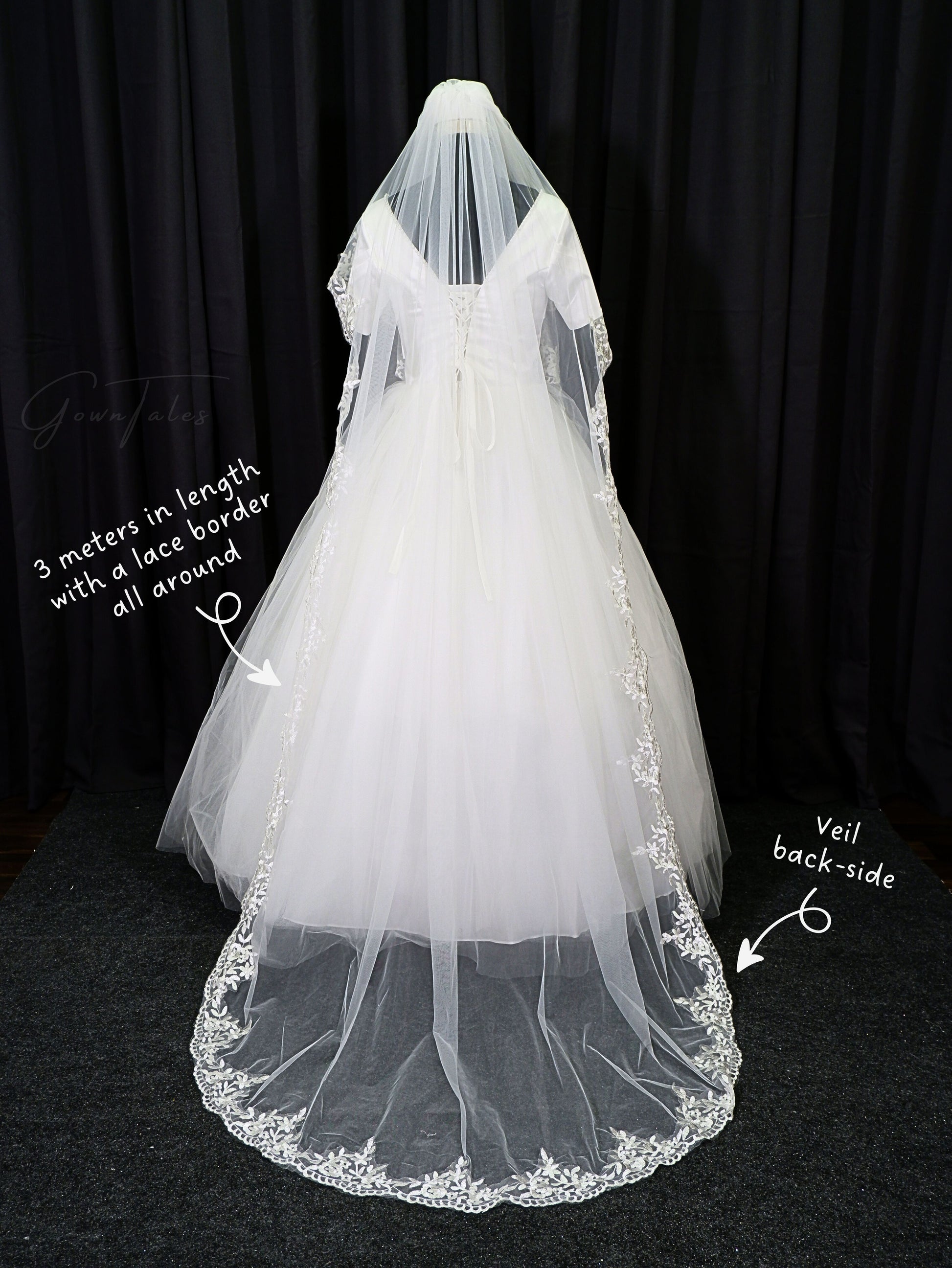 white floor length 3 meters lace veil back full view
