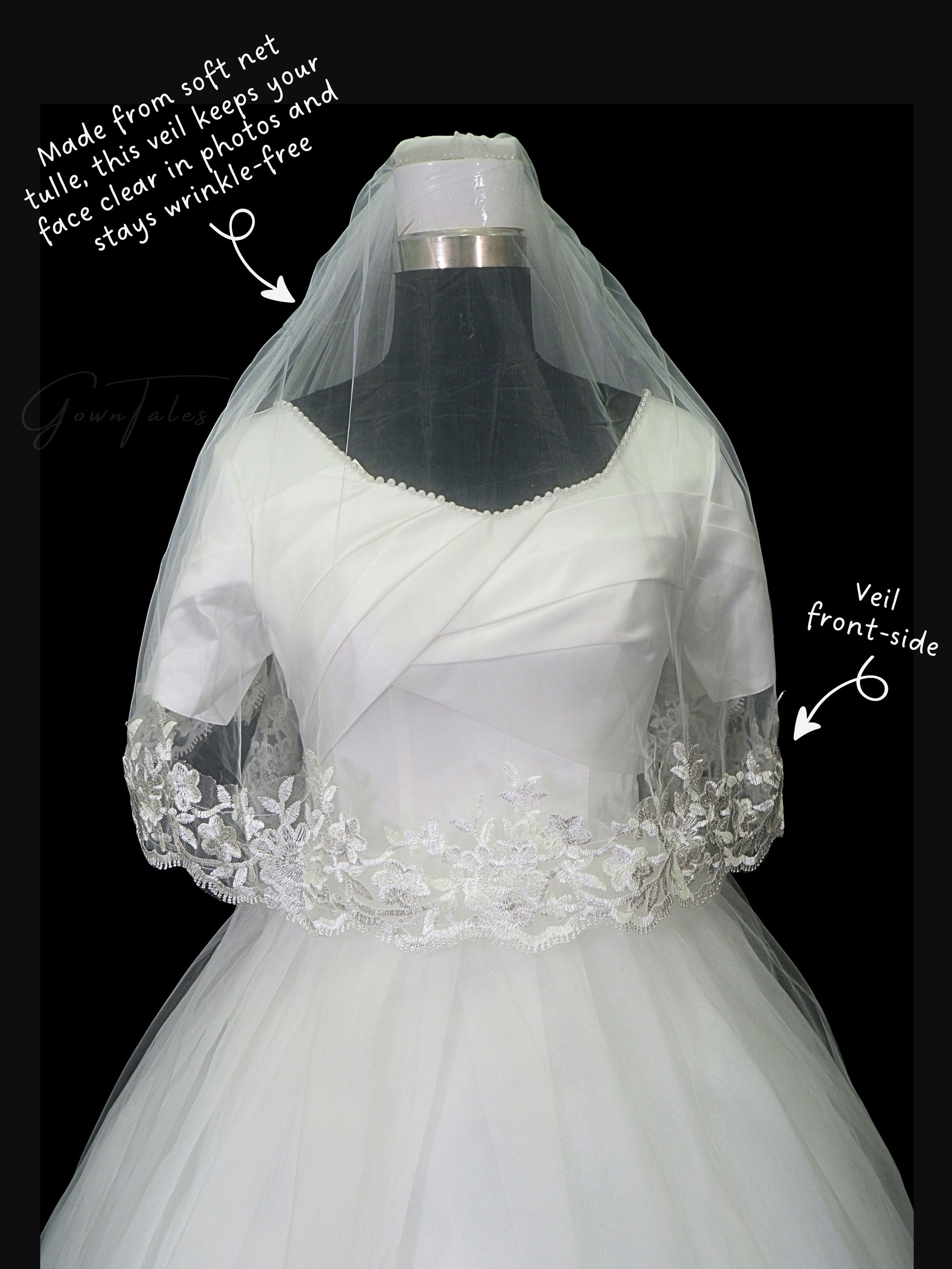 white floor length lace veil front view