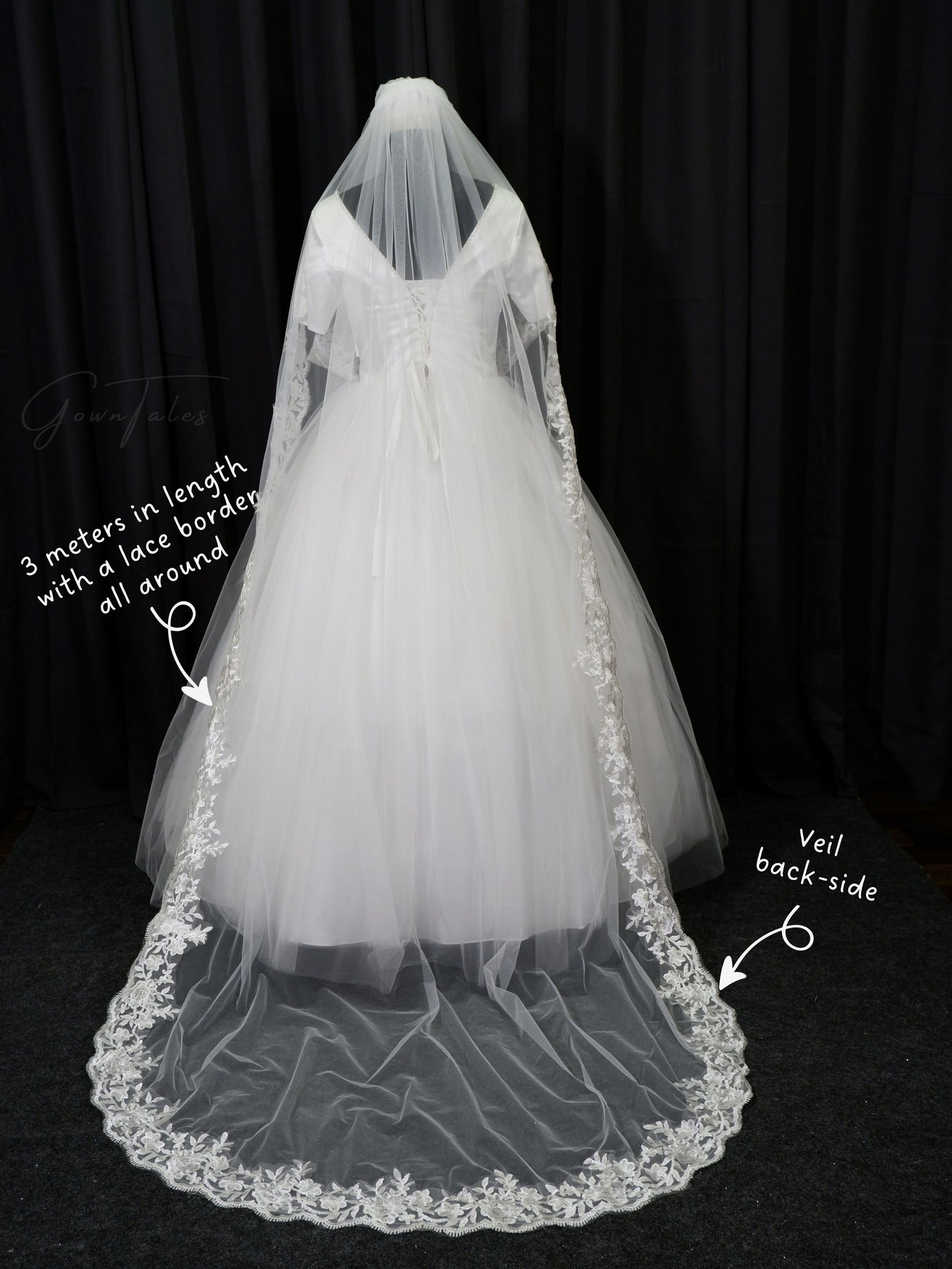 white floor length 3 meters lace veil back full view