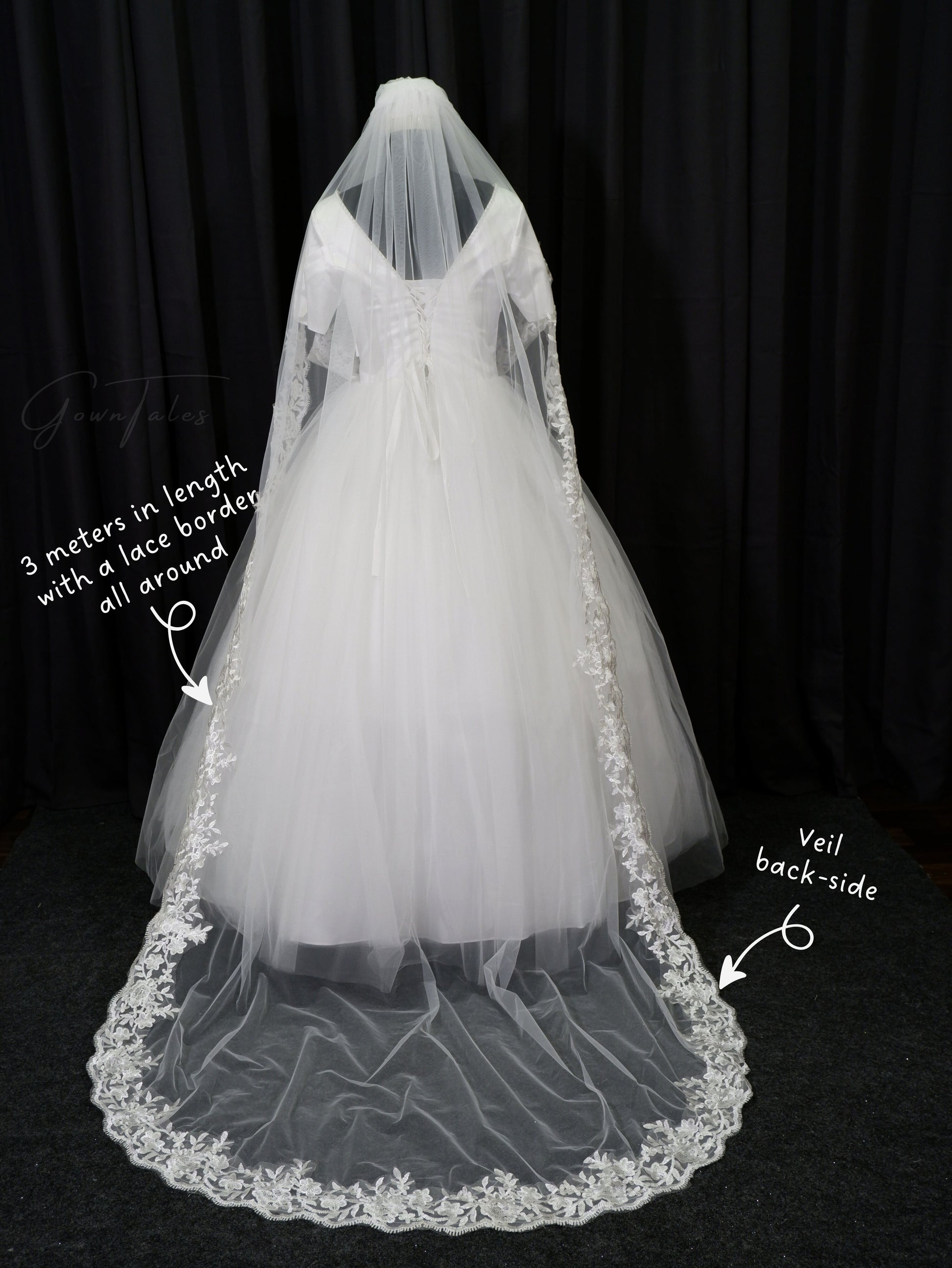 white floor length 3 meters lace veil back full view