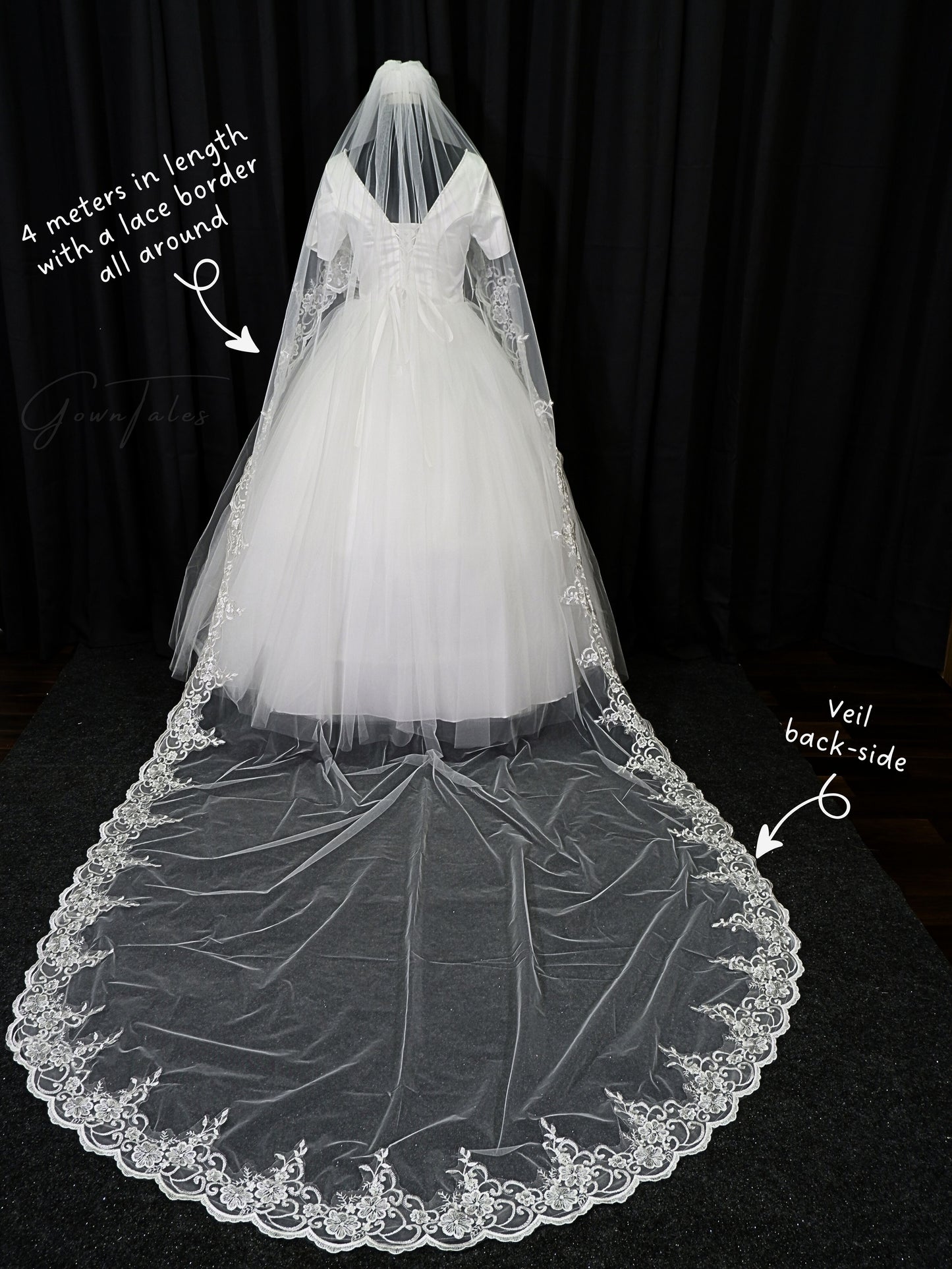white extra long 4 meters lace veil back full view