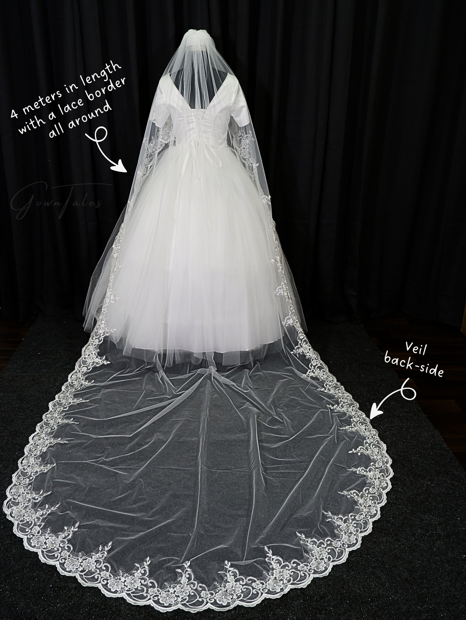 white extra long 4 meters lace veil back full view