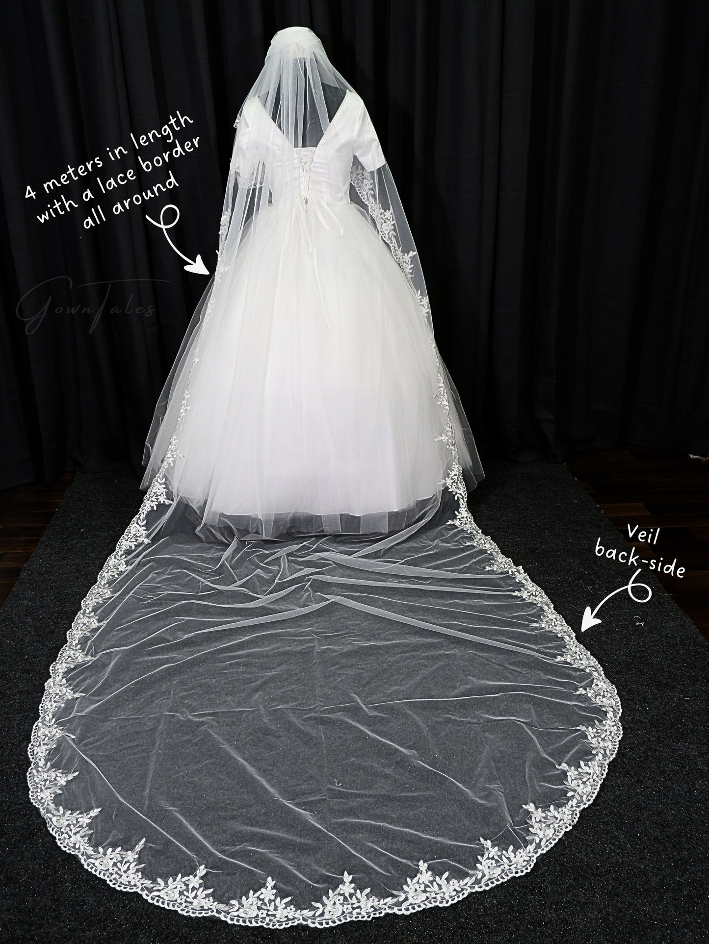 white extra long 4 meters lace veil back full view