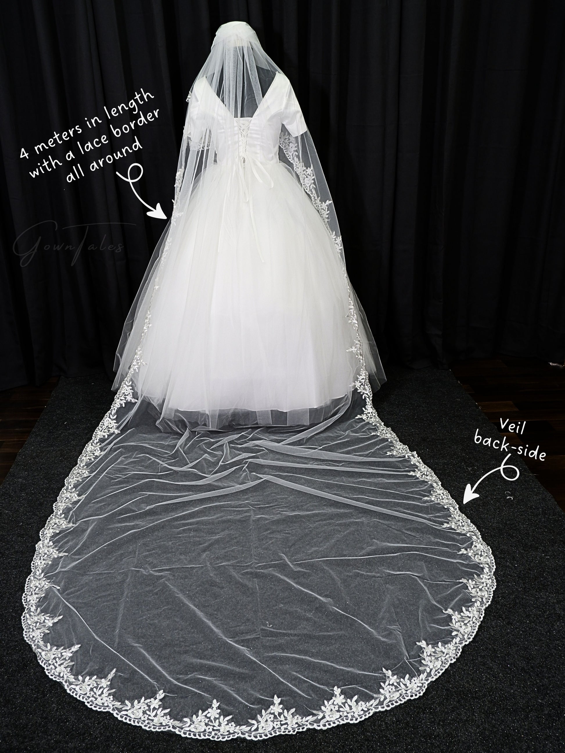 white extra long 4 meters lace veil back full view