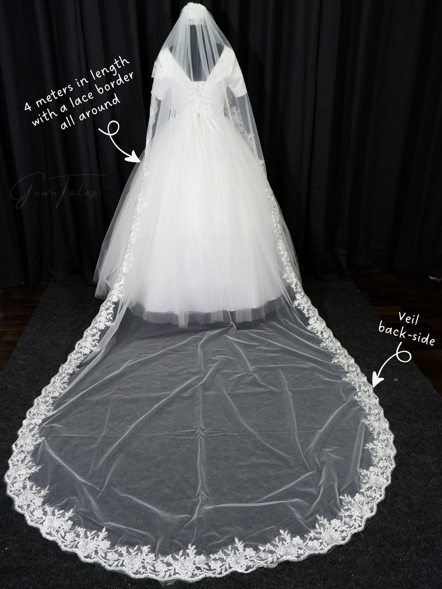 white extra long 4 meters lace veil back full view