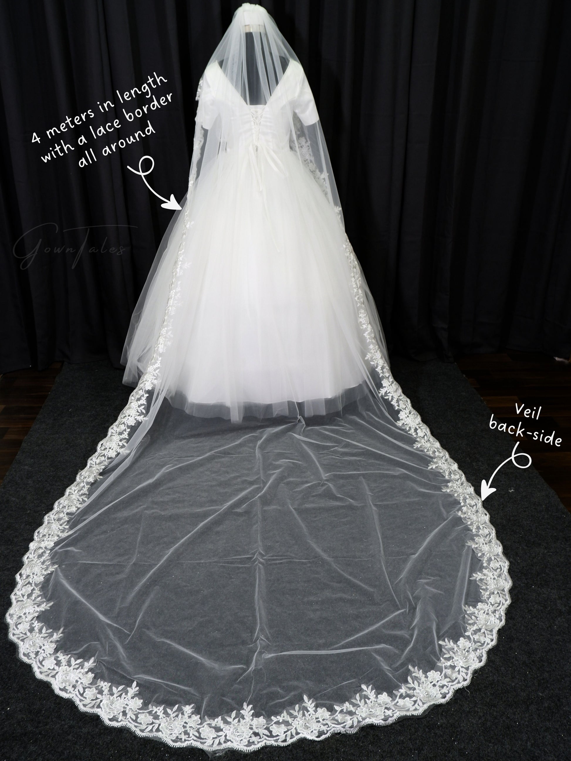 white extra long 4 meters lace veil back full view